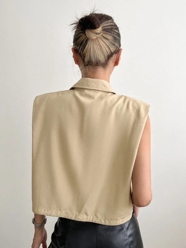 CM-TS970179 Women Casual Seoul Style Sleeveless Solid Button Front Shirt - Khaki