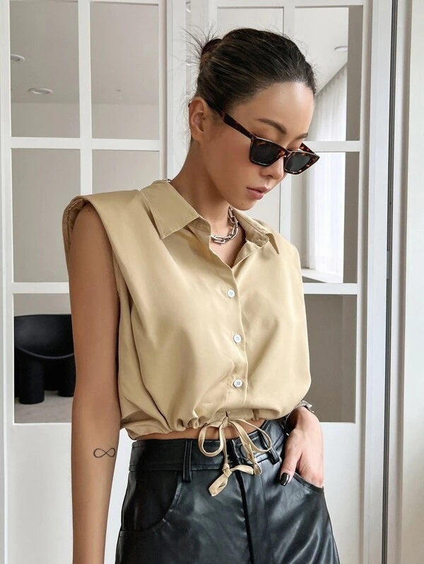 CM-TS970179 Women Casual Seoul Style Sleeveless Solid Button Front Shirt - Khaki