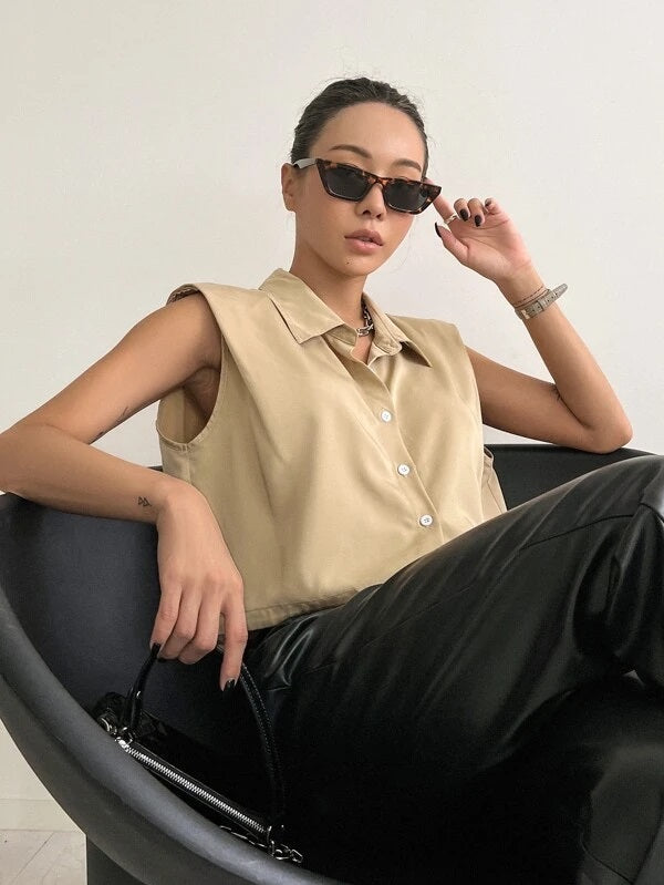 CM-TS970179 Women Casual Seoul Style Sleeveless Solid Button Front Shirt - Khaki