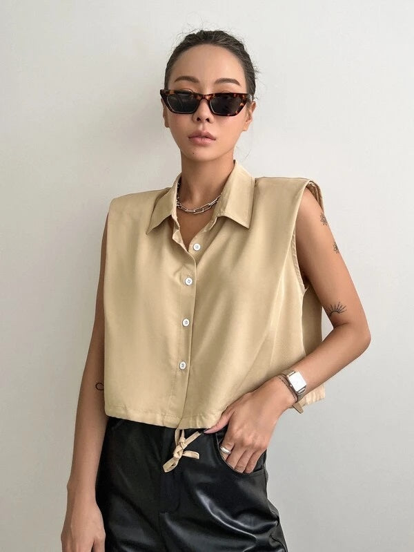 CM-TS970179 Women Casual Seoul Style Sleeveless Solid Button Front Shirt - Khaki