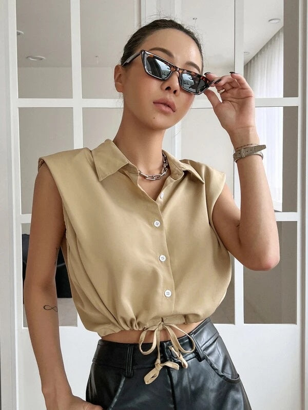 CM-TS970179 Women Casual Seoul Style Sleeveless Solid Button Front Shirt - Khaki