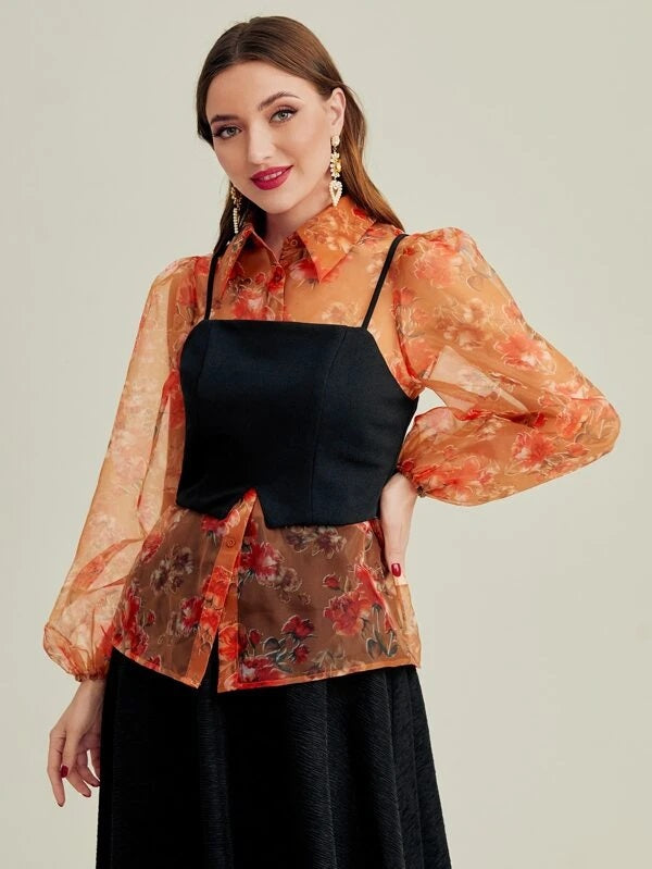 CM-TS789068 Women Elegant Seoul Style Lantern Sleeve Buttoned Floral Organza Shirt With Camisole