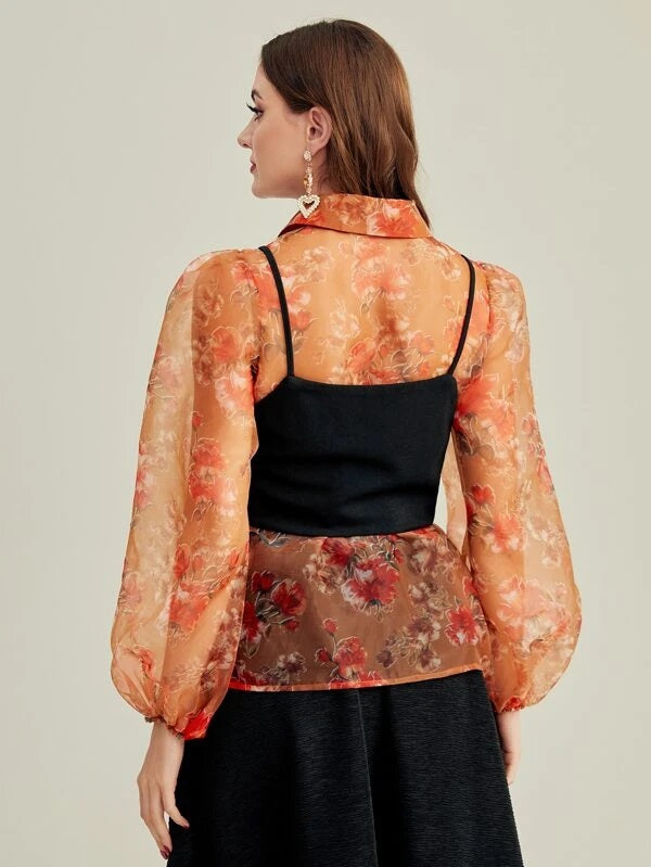 CM-TS789068 Women Elegant Seoul Style Lantern Sleeve Buttoned Floral Organza Shirt With Camisole