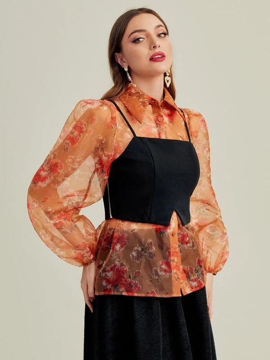 CM-TS789068 Women Elegant Seoul Style Lantern Sleeve Buttoned Floral Organza Shirt With Camisole