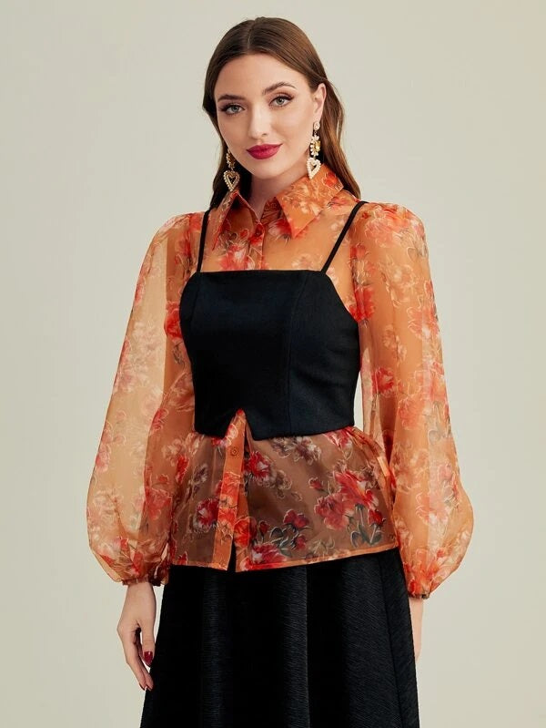 CM-TS789068 Women Elegant Seoul Style Lantern Sleeve Buttoned Floral Organza Shirt With Camisole