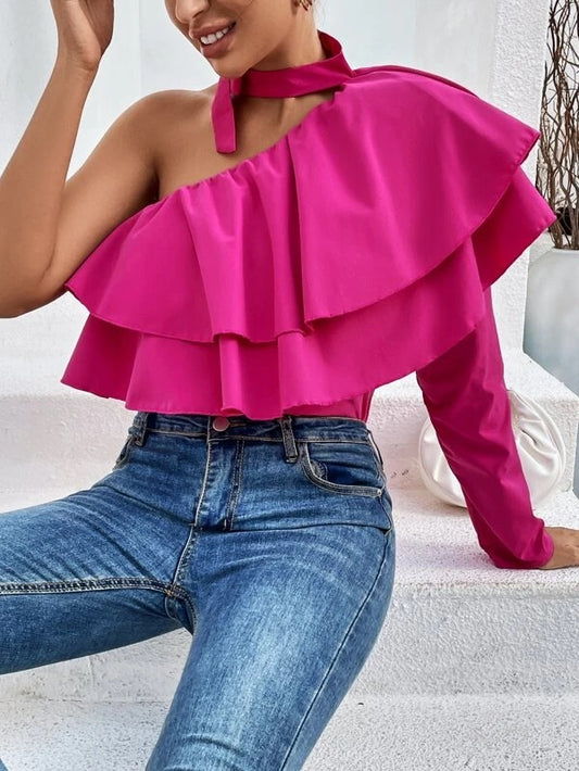 CM-TS123534 Women Trendy Bohemian Style One Shoulder Ruffle Trim Blouse - Hot Pink