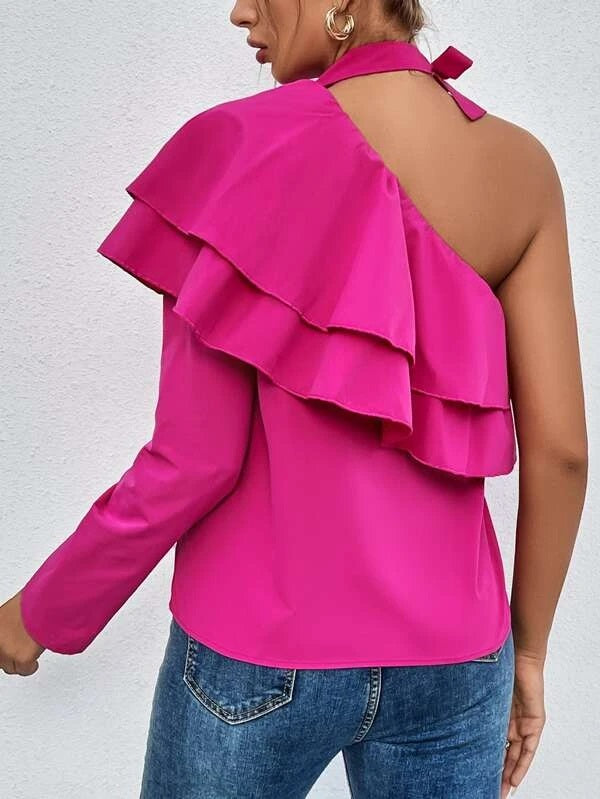 CM-TS123534 Women Trendy Bohemian Style One Shoulder Ruffle Trim Blouse - Hot Pink