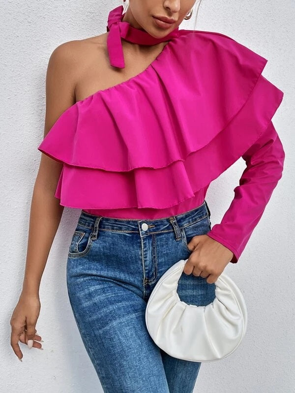 CM-TS123534 Women Trendy Bohemian Style One Shoulder Ruffle Trim Blouse - Hot Pink