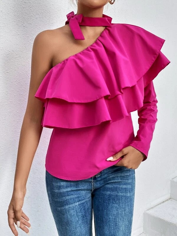 CM-TS123534 Women Trendy Bohemian Style One Shoulder Ruffle Trim Blouse - Hot Pink