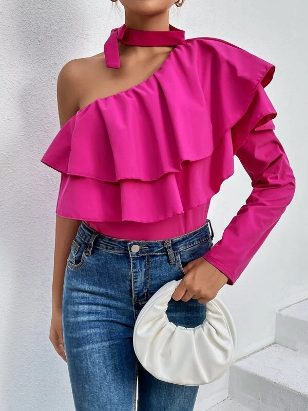 CM-TS123534 Women Trendy Bohemian Style One Shoulder Ruffle Trim Blouse - Hot Pink