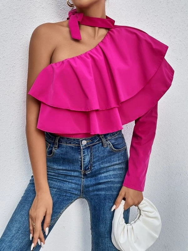 CM-TS123534 Women Trendy Bohemian Style One Shoulder Ruffle Trim Blouse - Hot Pink
