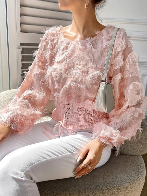 CM-TS792990 Women Elegant Seoul Style Lantern Sleeve Lace Up Shirred Hem Fuzzy Top