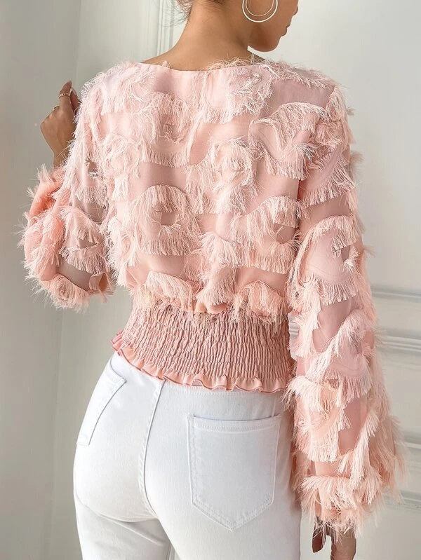 CM-TS792990 Women Elegant Seoul Style Lantern Sleeve Lace Up Shirred Hem Fuzzy Top