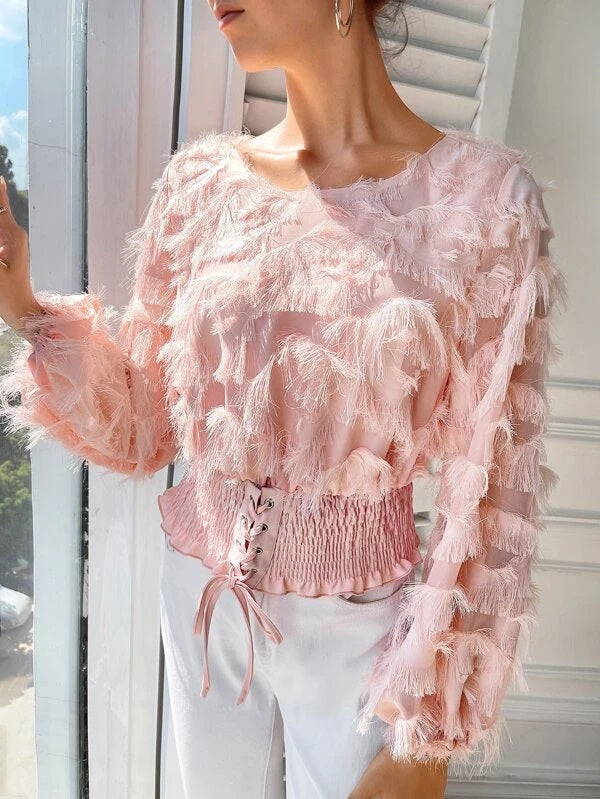 CM-TS792990 Women Elegant Seoul Style Lantern Sleeve Lace Up Shirred Hem Fuzzy Top