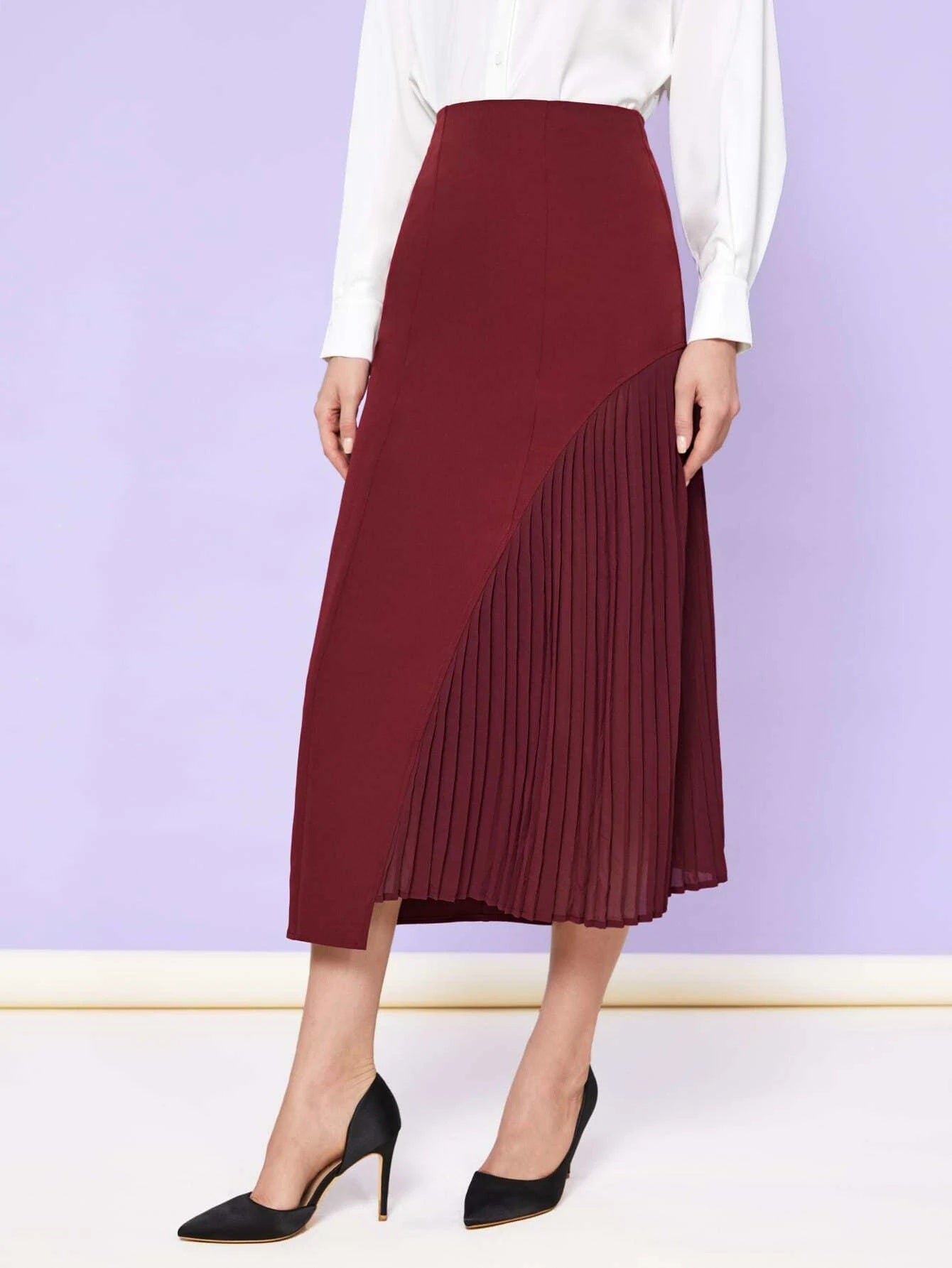 CM-BS540552 Women Elegant Seoul Style High Waist Solid Pleated Skirt - Burgundy