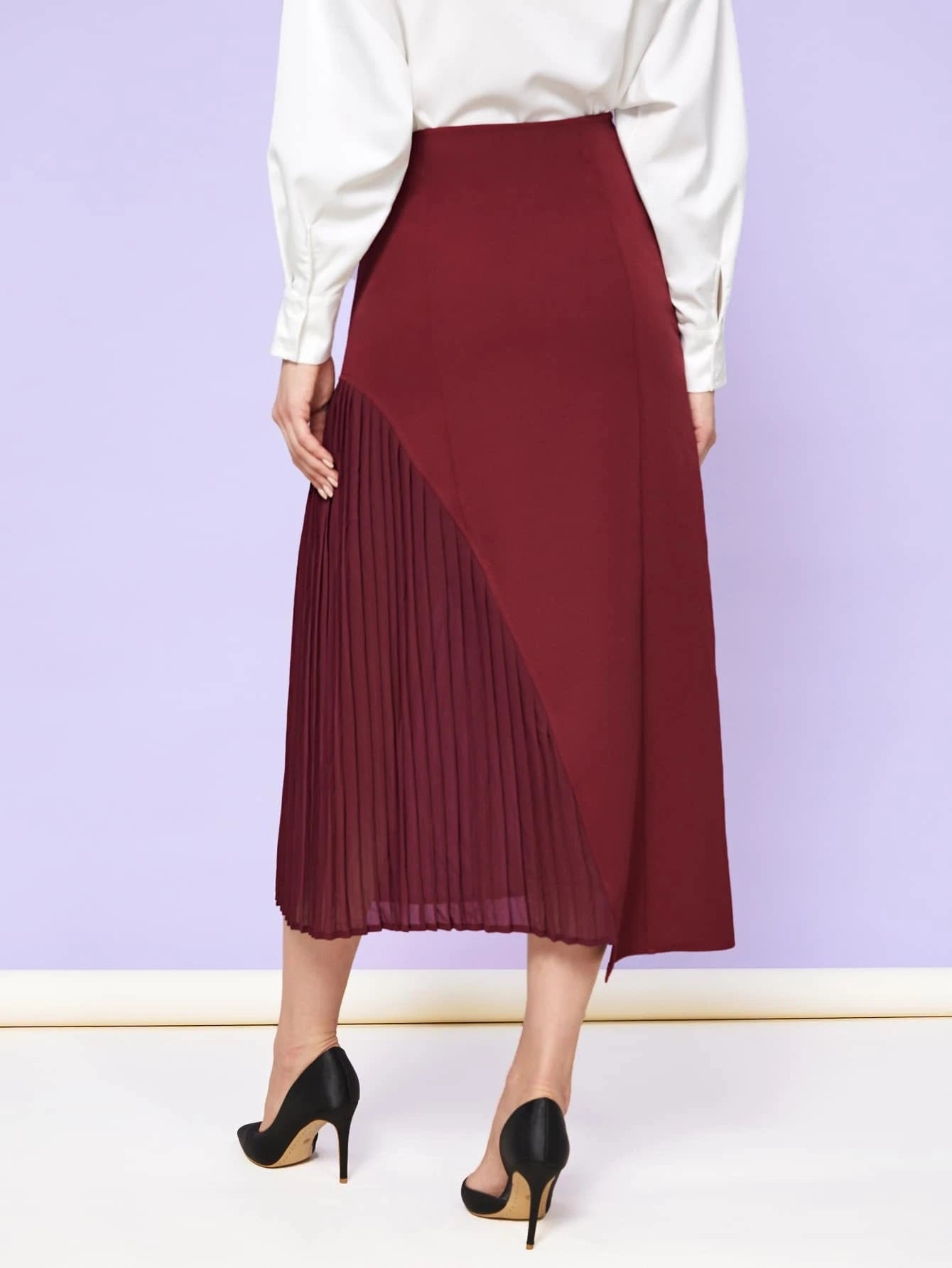 CM-BS540552 Women Elegant Seoul Style High Waist Solid Pleated Skirt - Burgundy