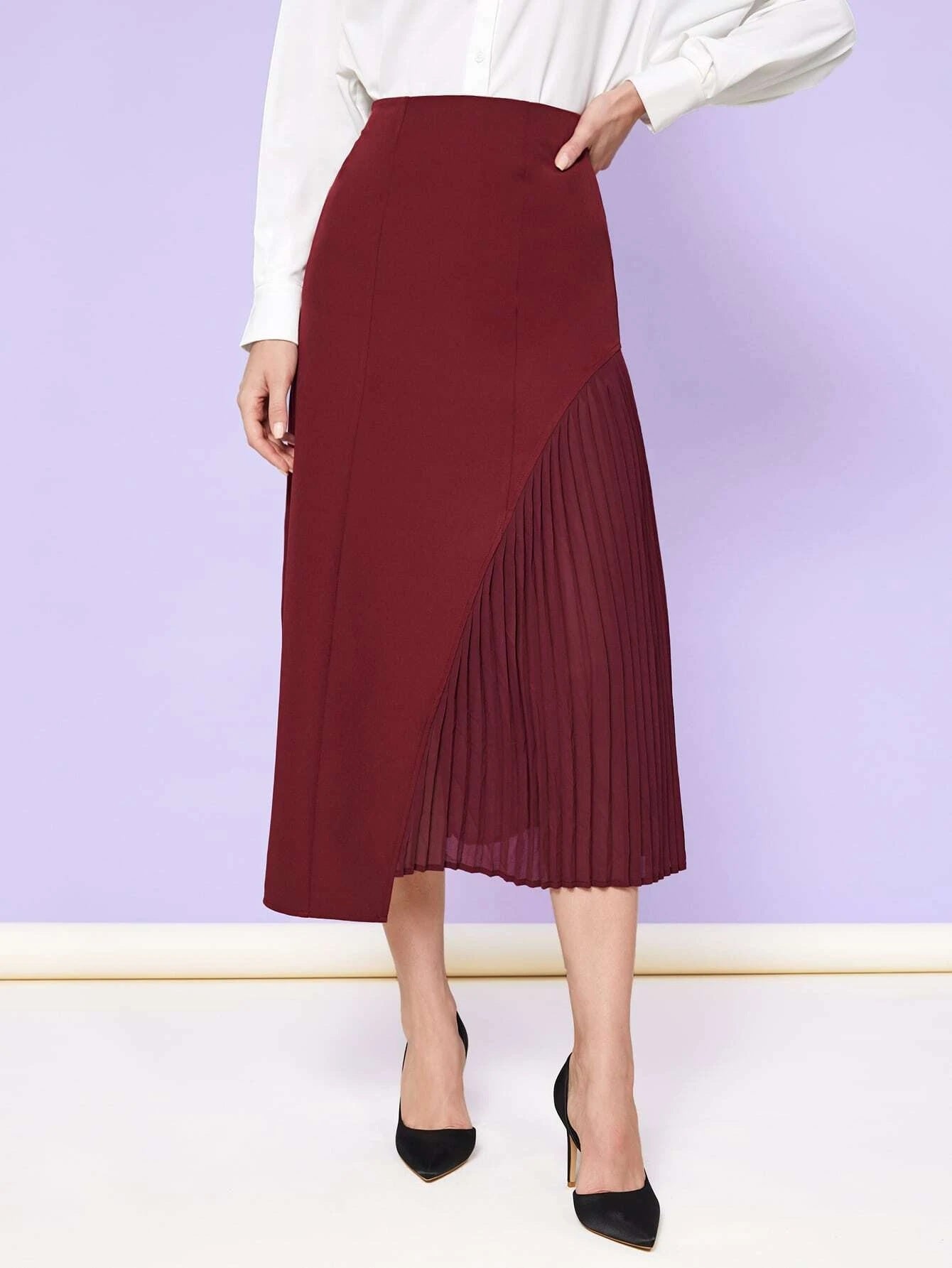 CM-BS540552 Women Elegant Seoul Style High Waist Solid Pleated Skirt - Burgundy