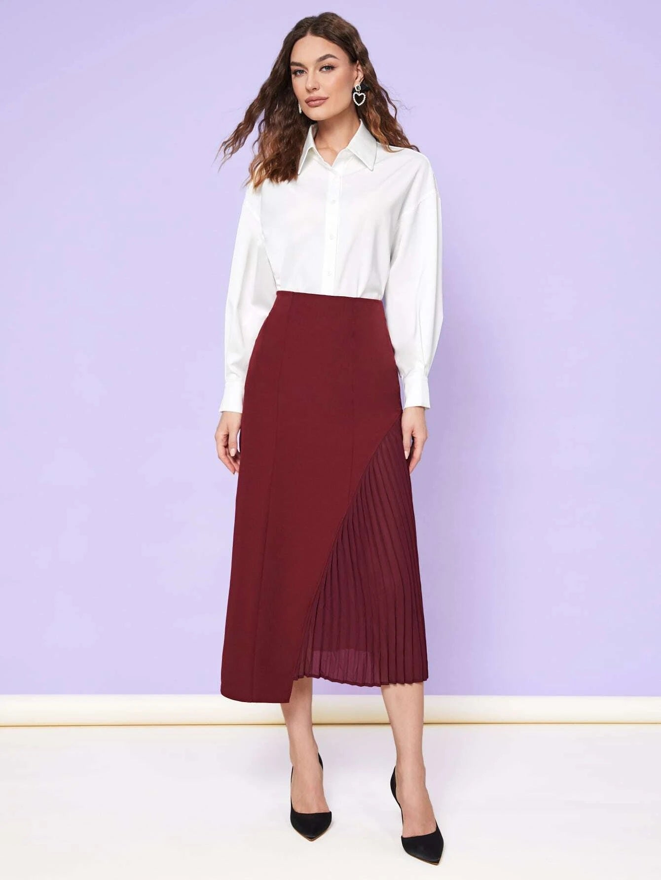 CM-BS540552 Women Elegant Seoul Style High Waist Solid Pleated Skirt - Burgundy