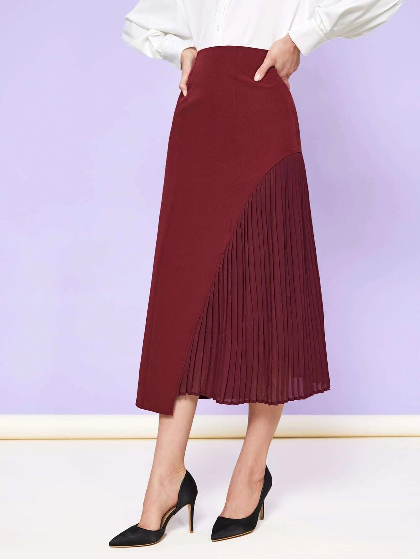 CM-BS540552 Women Elegant Seoul Style High Waist Solid Pleated Skirt - Burgundy