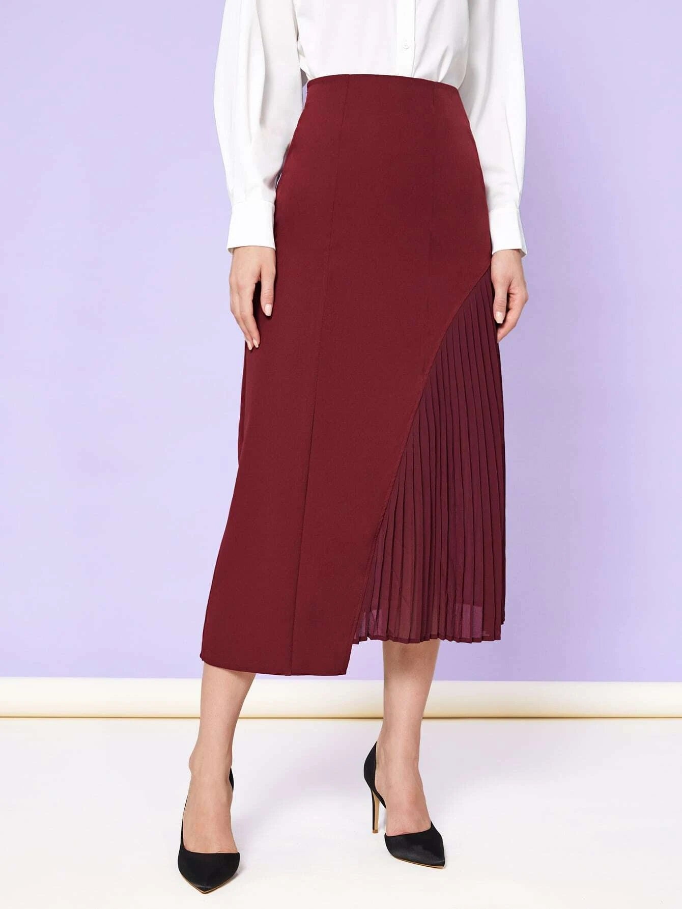 CM-BS540552 Women Elegant Seoul Style High Waist Solid Pleated Skirt - Burgundy