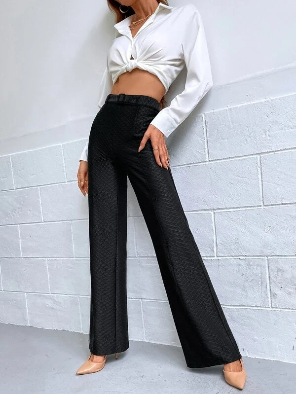 CM-BS912719 Women Casual Seoul Style High Waist Textured Belted Pants - Black