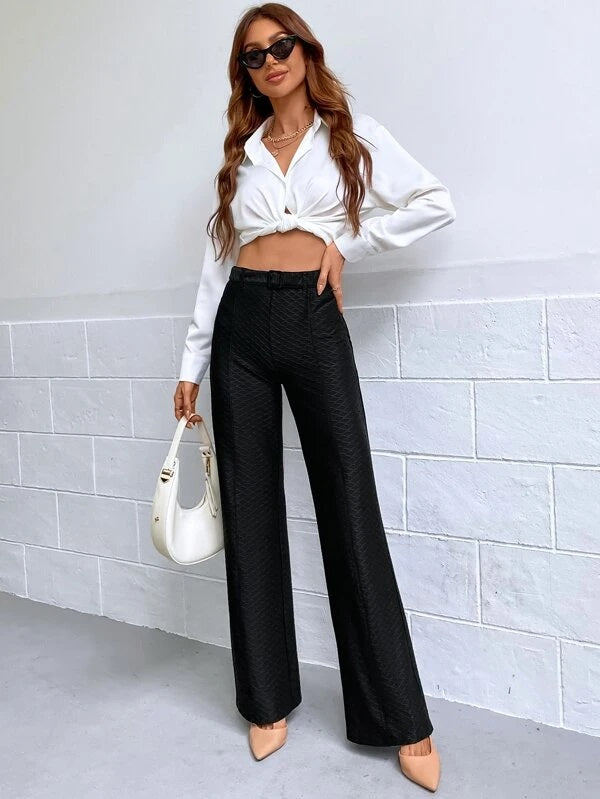 CM-BS912719 Women Casual Seoul Style High Waist Textured Belted Pants - Black