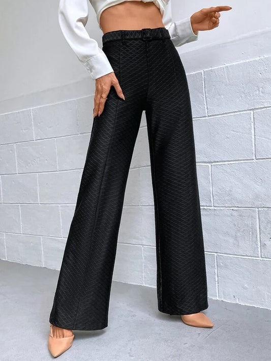 CM-BS912719 Women Casual Seoul Style High Waist Textured Belted Pants - Black