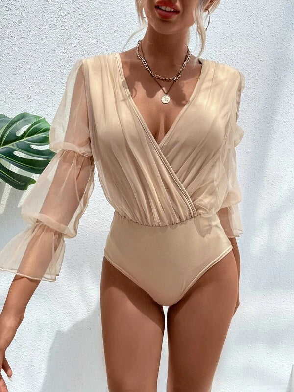 CM-TS404139 Women Casual Seoul Style Contrast Mesh Gathered Flounce Sleeve Bodysuit