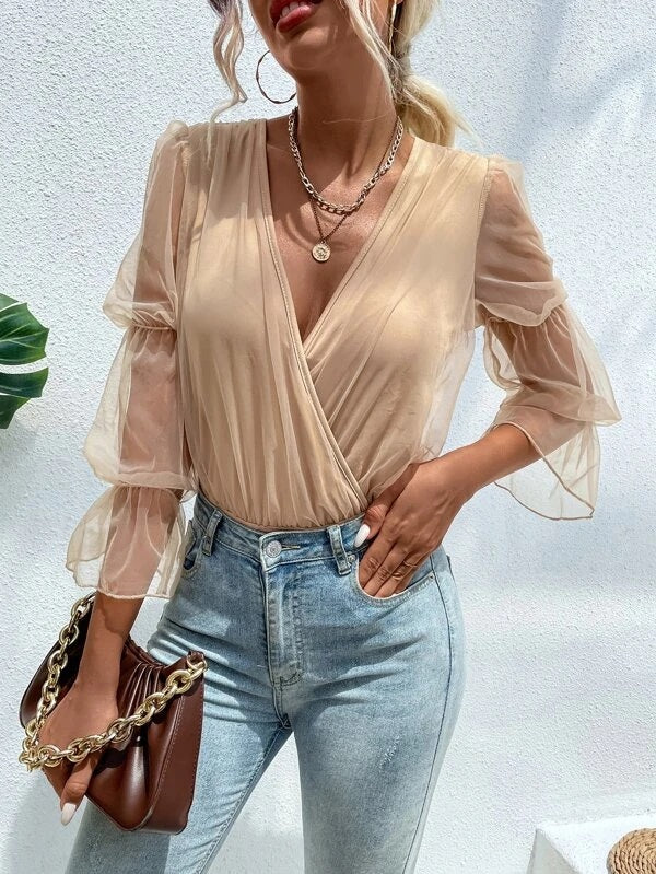 CM-TS404139 Women Casual Seoul Style Contrast Mesh Gathered Flounce Sleeve Bodysuit