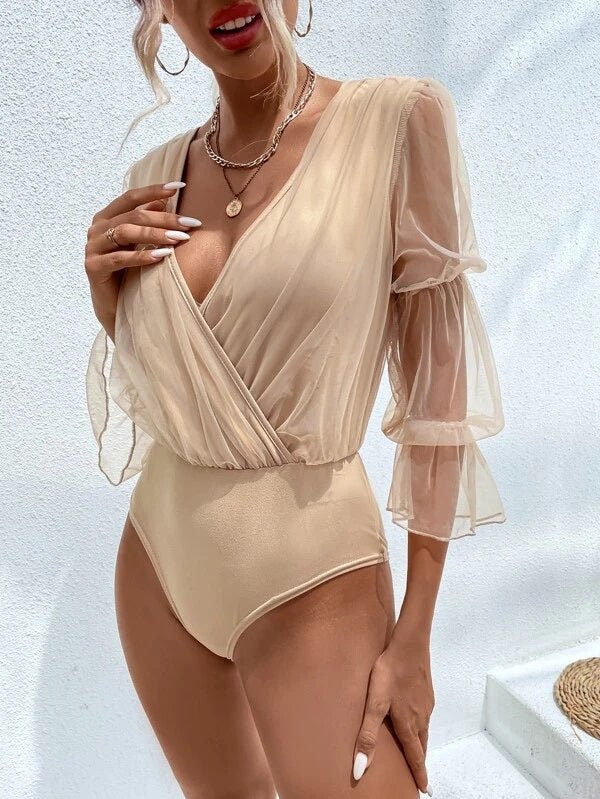 CM-TS404139 Women Casual Seoul Style Contrast Mesh Gathered Flounce Sleeve Bodysuit