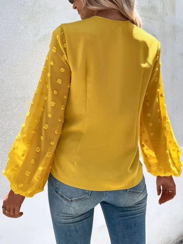CM-TS238027 Women Casual Seoul Style Swiss Dot Twist Front Blouse - Yellow