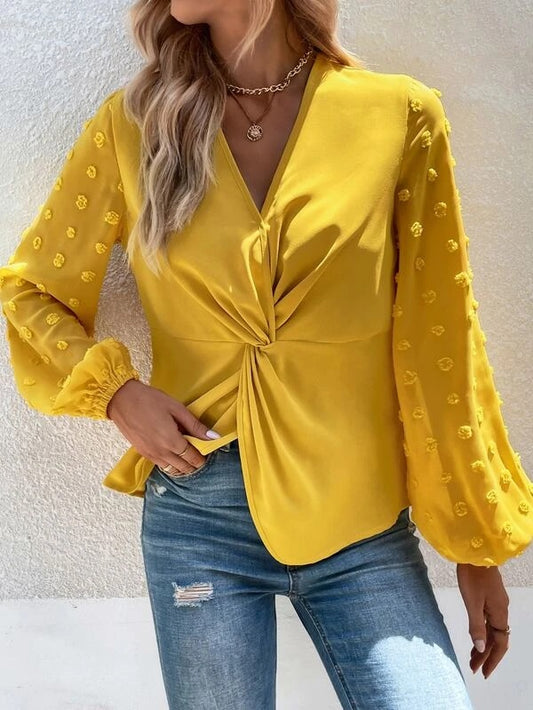 CM-TS238027 Women Casual Seoul Style Swiss Dot Twist Front Blouse - Yellow