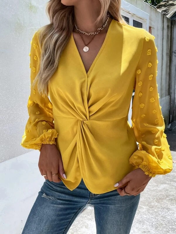 CM-TS238027 Women Casual Seoul Style Swiss Dot Twist Front Blouse - Yellow