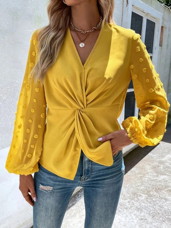 CM-TS238027 Women Casual Seoul Style Swiss Dot Twist Front Blouse - Yellow