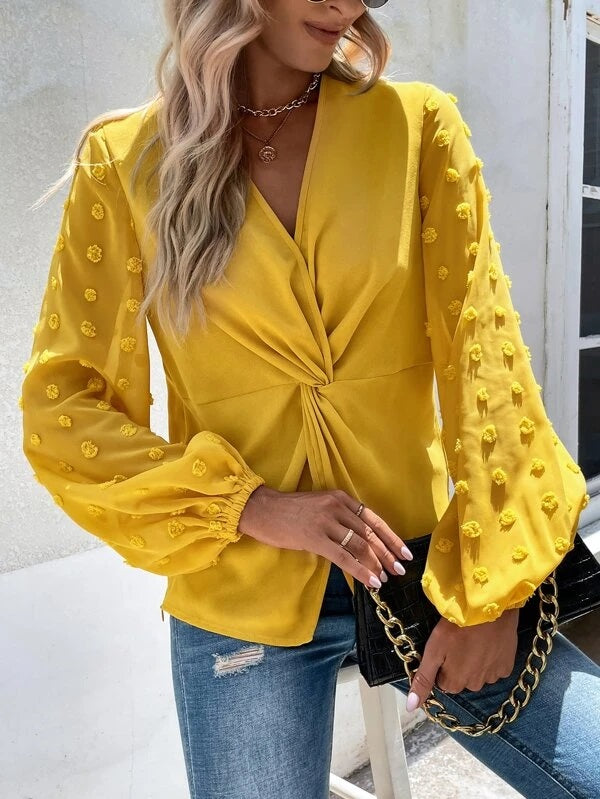 CM-TS238027 Women Casual Seoul Style Swiss Dot Twist Front Blouse - Yellow