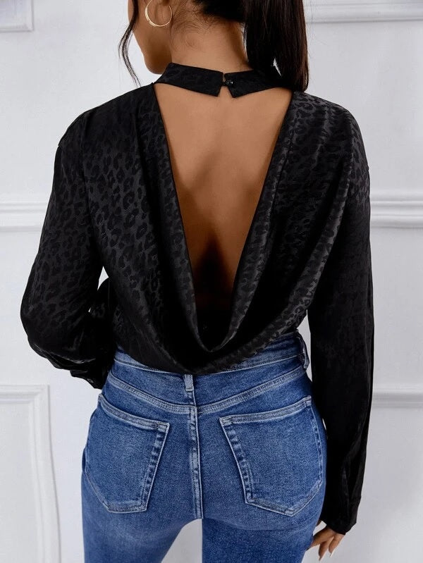 CM-TS229682 Women Casual Seoul Style Leopard Jacquard Draped Cut Out Back Satin Blouse