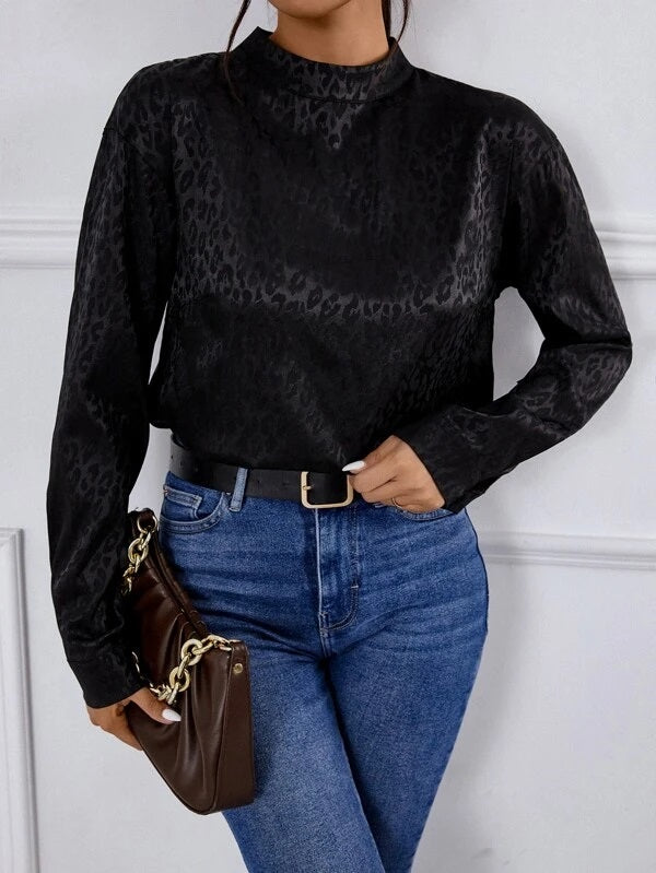 CM-TS229682 Women Casual Seoul Style Leopard Jacquard Draped Cut Out Back Satin Blouse