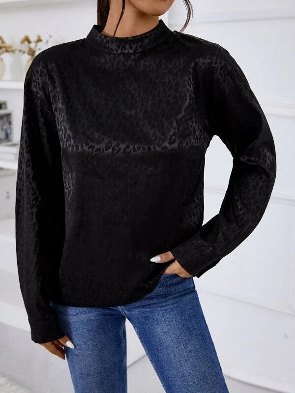 CM-TS229682 Women Casual Seoul Style Leopard Jacquard Draped Cut Out Back Satin Blouse