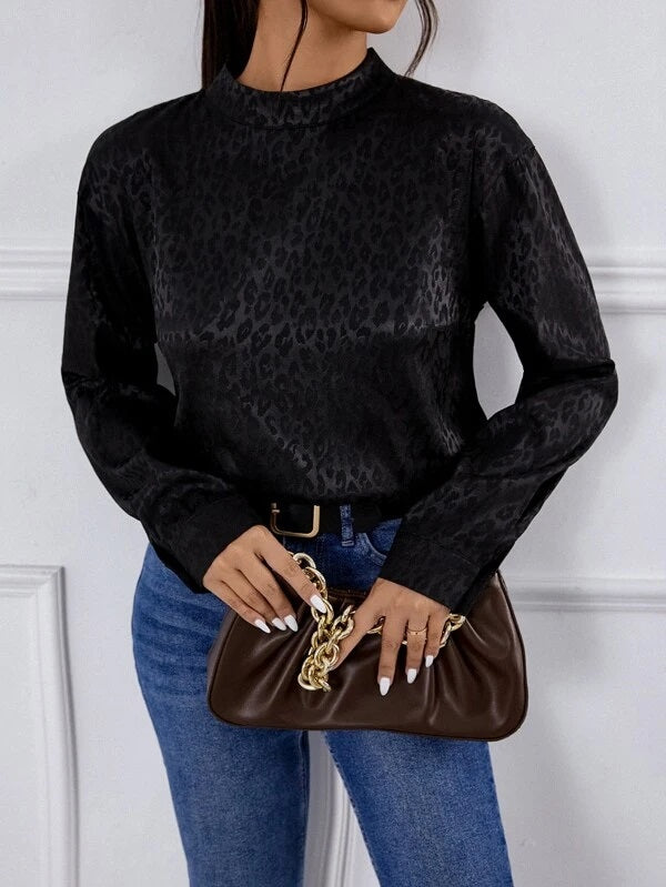 CM-TS229682 Women Casual Seoul Style Leopard Jacquard Draped Cut Out Back Satin Blouse