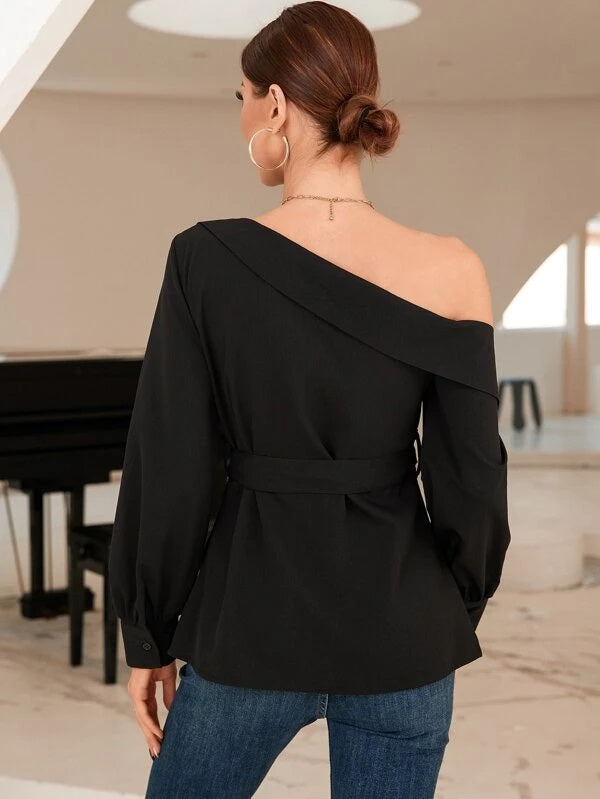 CM-TS247327 Women Elegant Seoul Style Asymmetrical Neck Belted Blouse - Black