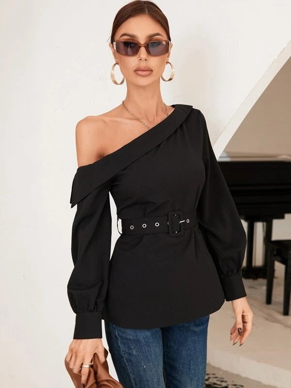 CM-TS247327 Women Elegant Seoul Style Asymmetrical Neck Belted Blouse - Black