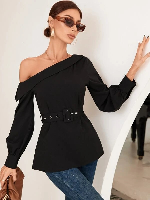 CM-TS247327 Women Elegant Seoul Style Asymmetrical Neck Belted Blouse - Black