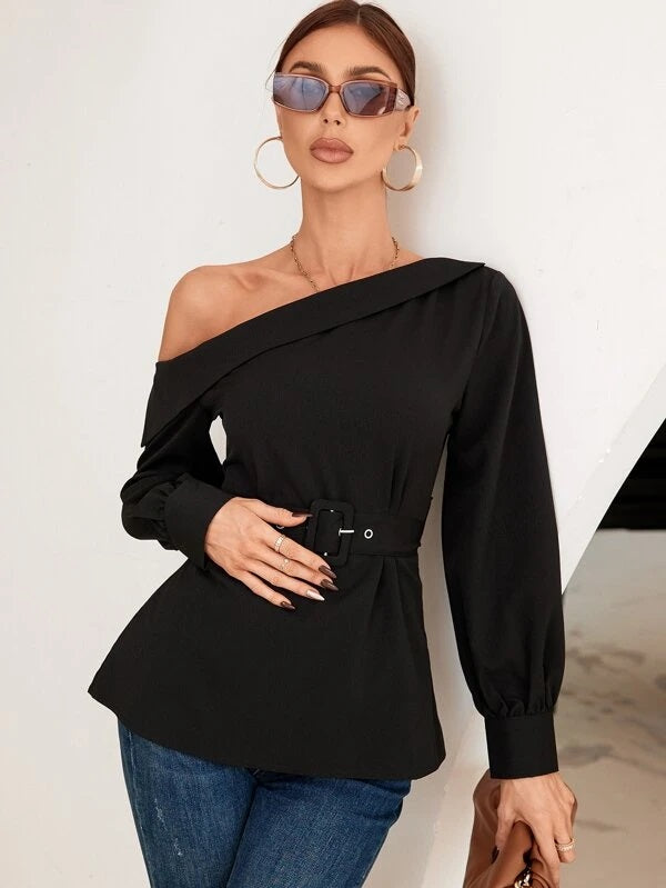 CM-TS247327 Women Elegant Seoul Style Asymmetrical Neck Belted Blouse - Black