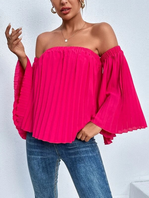 CM-TS519970 Women Trendy Bohemian Style Pleated Detail Off Shoulder Bell Sleeve Blouse