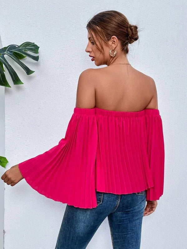 CM-TS519970 Women Trendy Bohemian Style Pleated Detail Off Shoulder Bell Sleeve Blouse