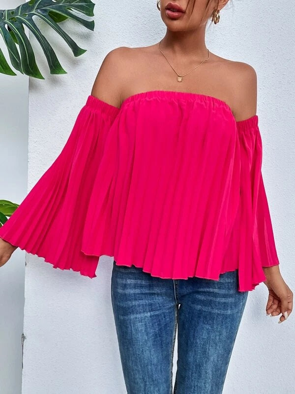 CM-TS519970 Women Trendy Bohemian Style Pleated Detail Off Shoulder Bell Sleeve Blouse
