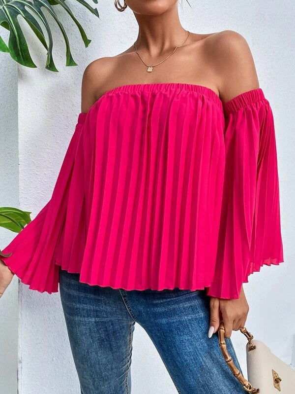 CM-TS519970 Women Trendy Bohemian Style Pleated Detail Off Shoulder Bell Sleeve Blouse