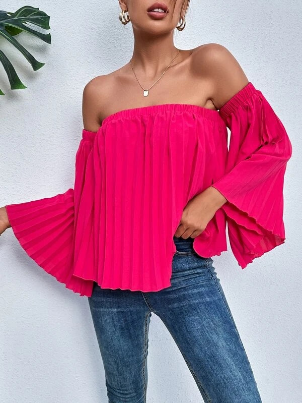 CM-TS519970 Women Trendy Bohemian Style Pleated Detail Off Shoulder Bell Sleeve Blouse