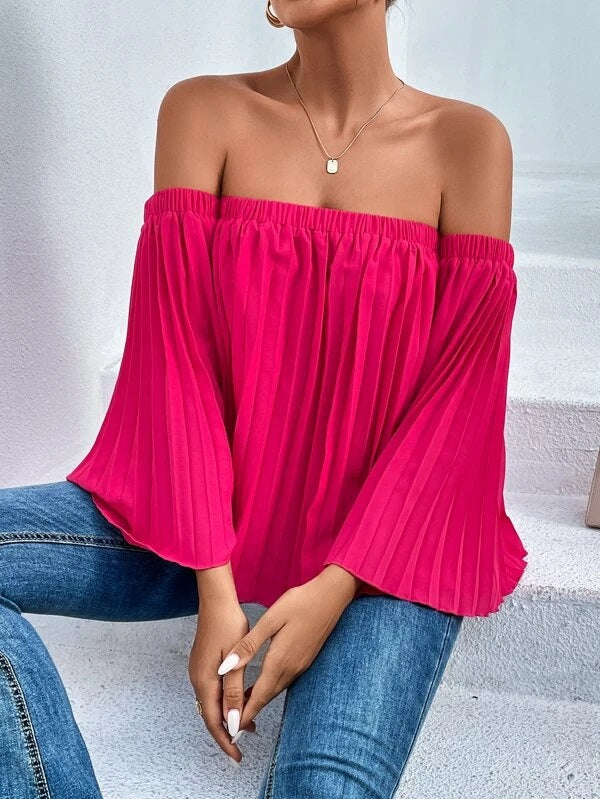 CM-TS519970 Women Trendy Bohemian Style Pleated Detail Off Shoulder Bell Sleeve Blouse