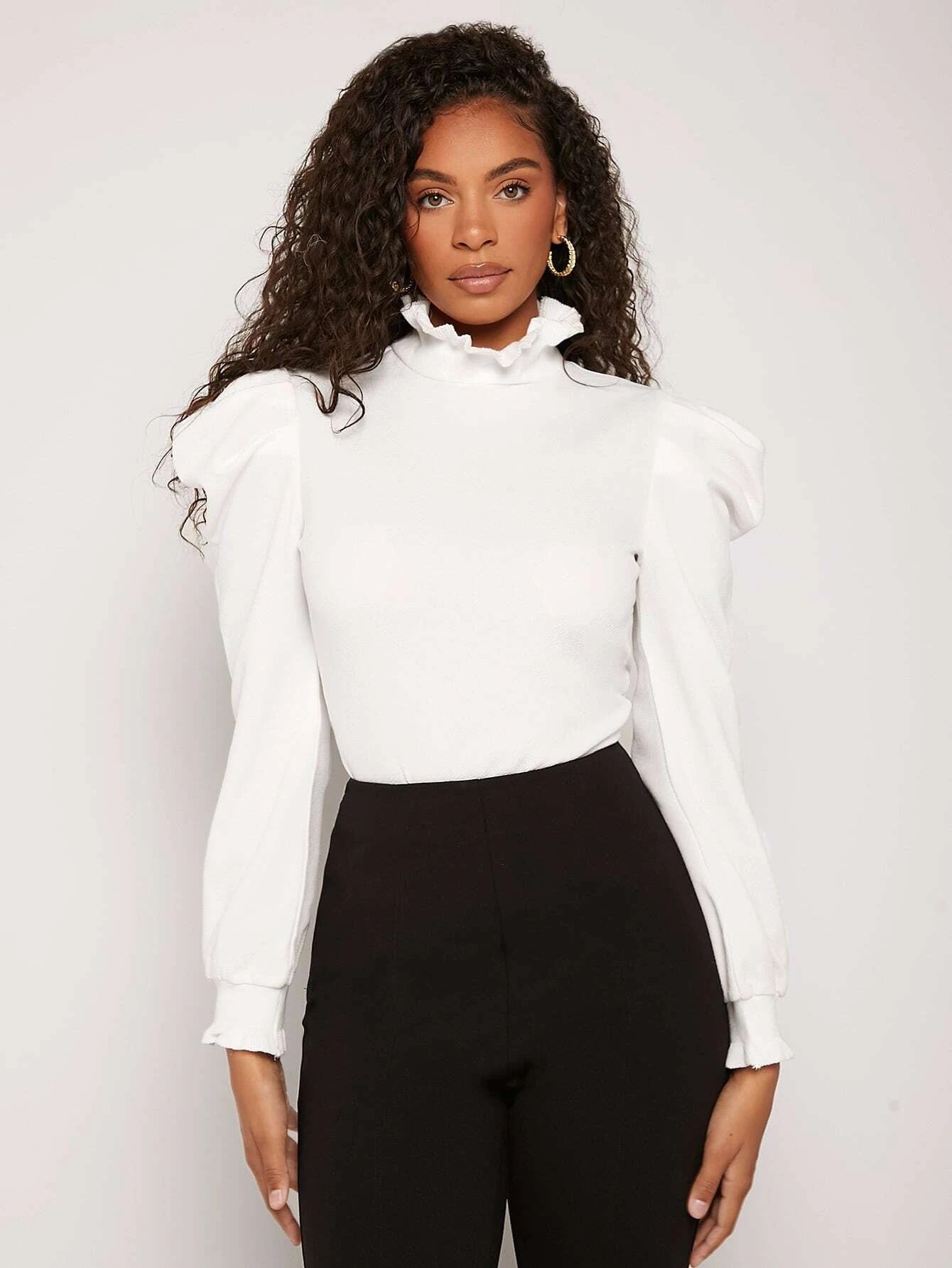 CM-TS611218 Women Elegant Seoul Style Frill Trim High Neck Gigot Sleeve Tee - White
